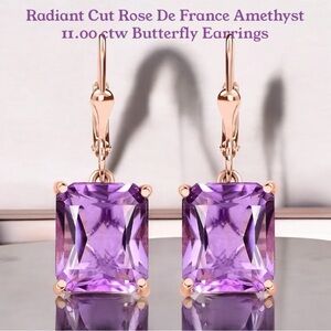 Radiant Cut Rose De France Amethyst 11.00ctw Butterfly Earrings in RG & 925 SS